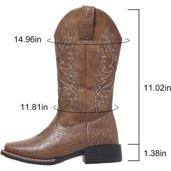 Women's Brown Mid Calf Western Cowgirl Boot Snip Toe Chunky Heel Calf High Boots - Picture 3 of 8